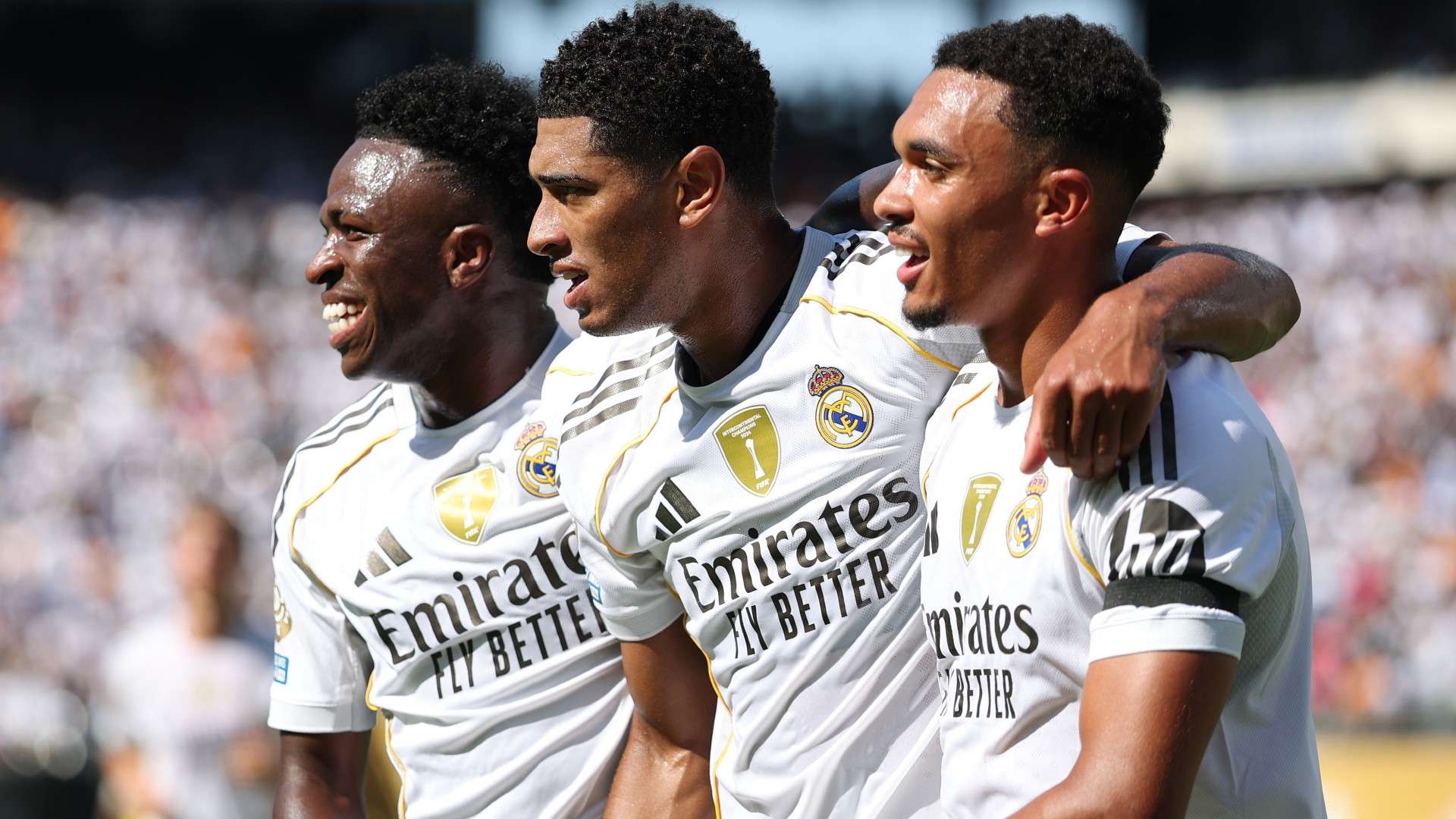 Vinicius Junior #7, Jude Bellingham #5, and Trent Alexander-Arnold #12 of Real Madrid C.F.